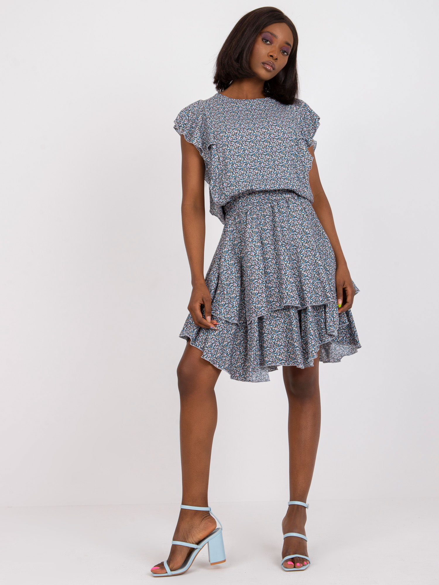 RUE PARIS Blue Flowing Minidress With Frills