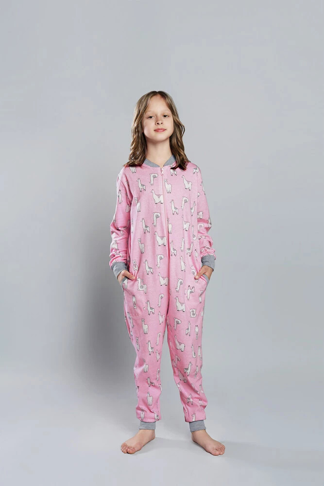 Llama children's jumpsuit with long sleeves, long pants - pink print