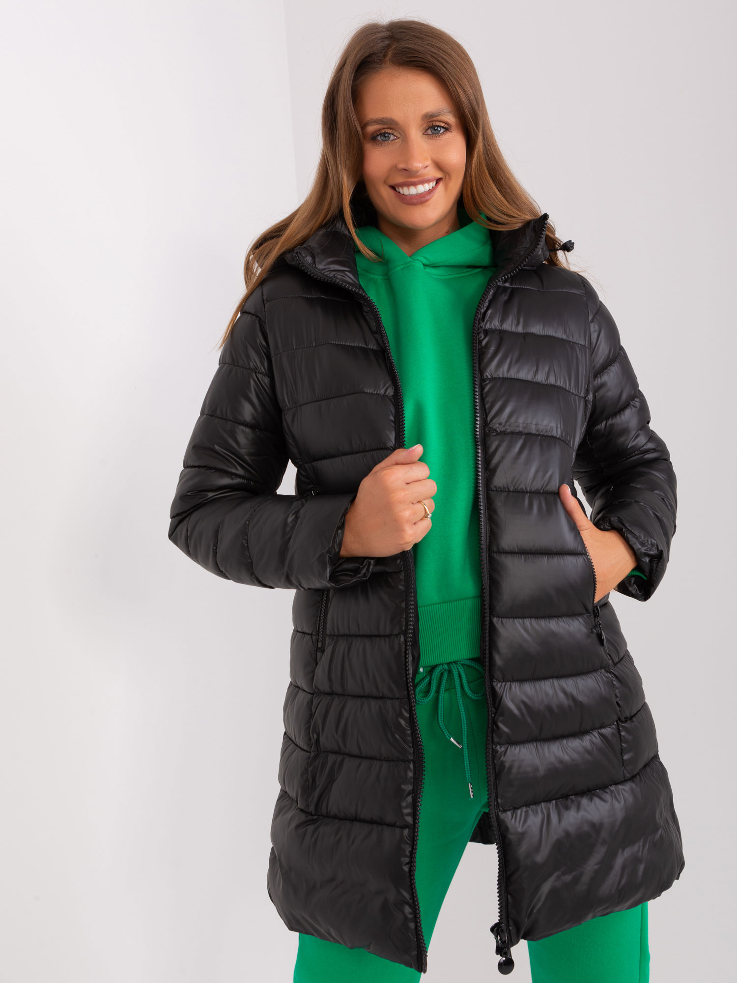Black Quilted Winter Jacket With Pockets
