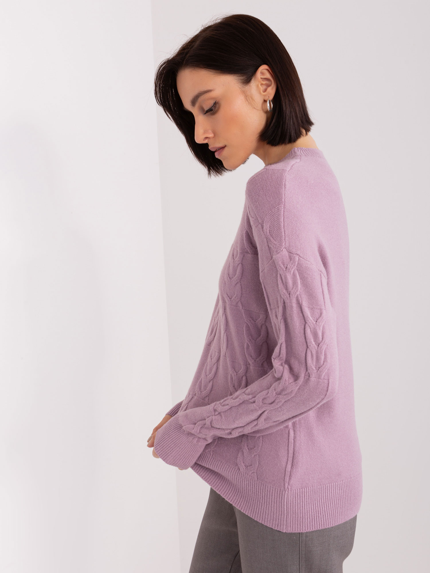 Purple Women's Sweater With Cables And Long Sleeves