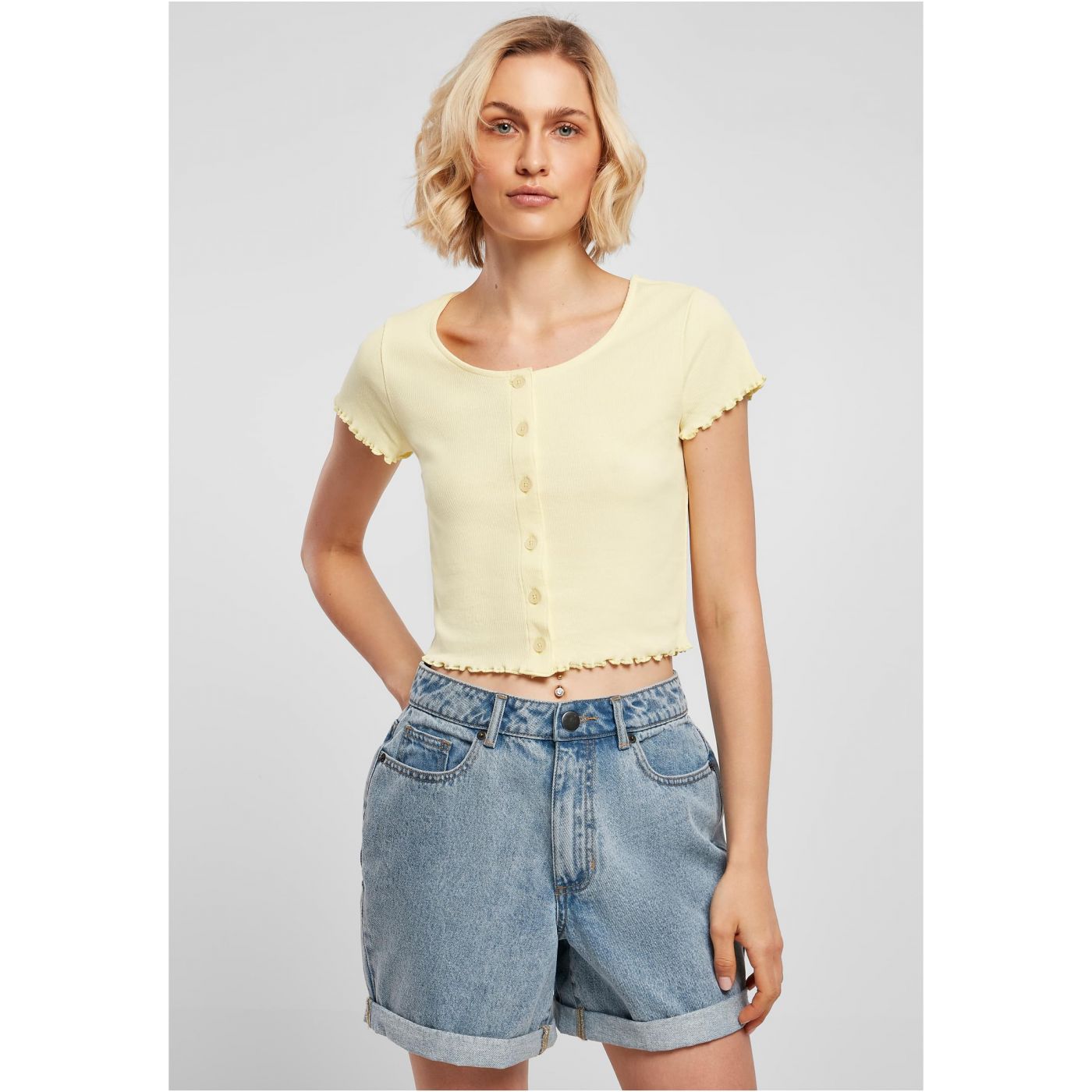 Women's T-shirt With Buttons And Ribs In Soft Yellow Color