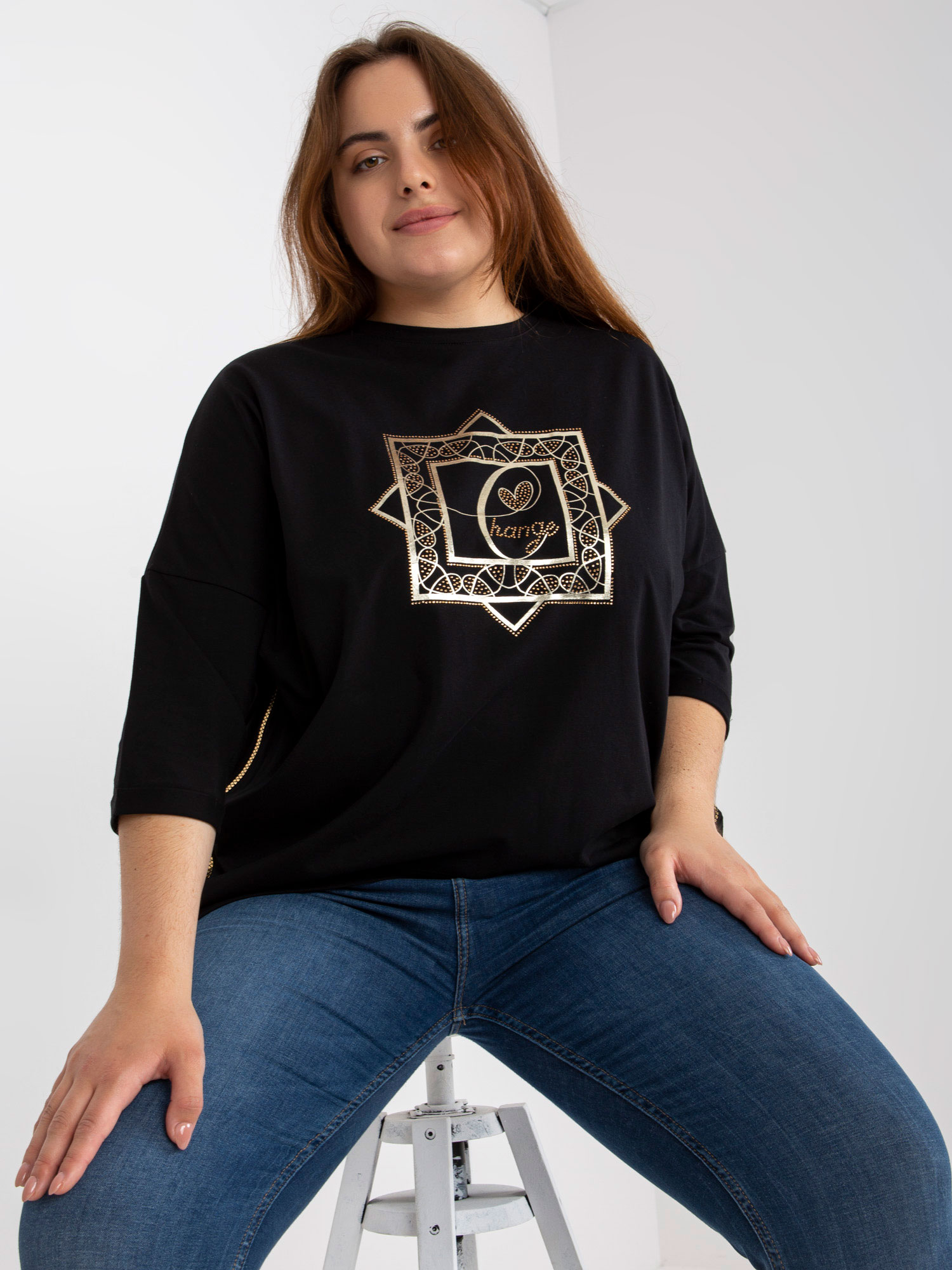 Black blouse plus size with gold print