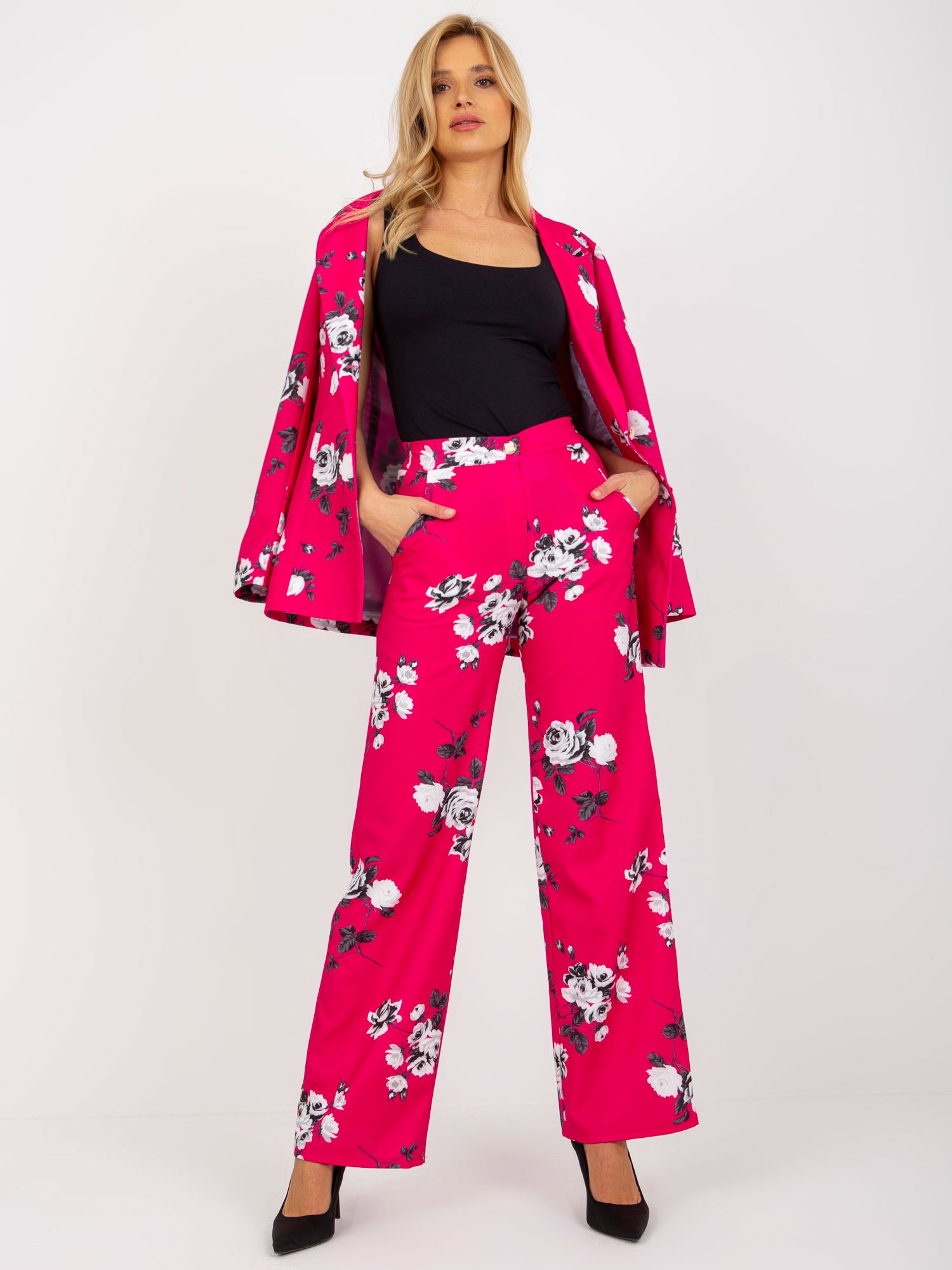 Levně Fuchsiové široké látkové kalhoty s růžičkami z obleku