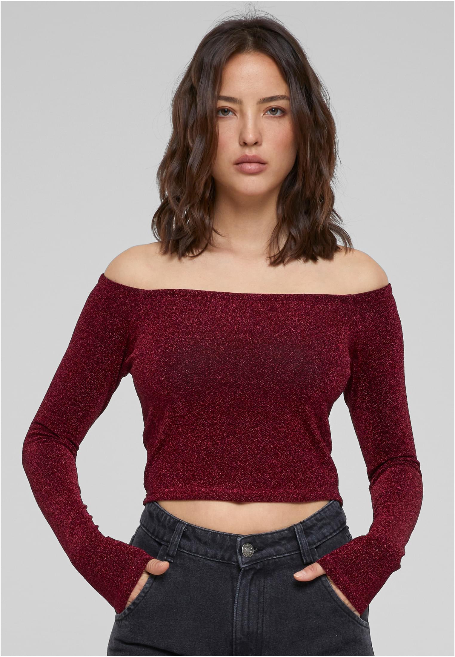 Women's Off Shoulder Glitter Long Sleeve Burgundy