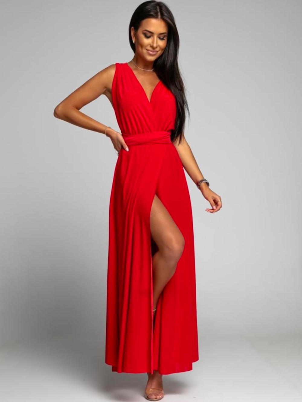 Elegant red maxi dress with ties