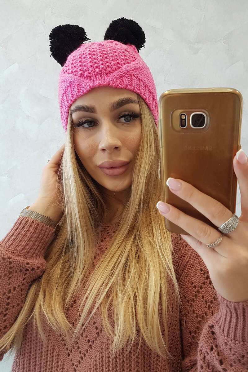 Cap with fleece 2 pom-poms K291 light pink