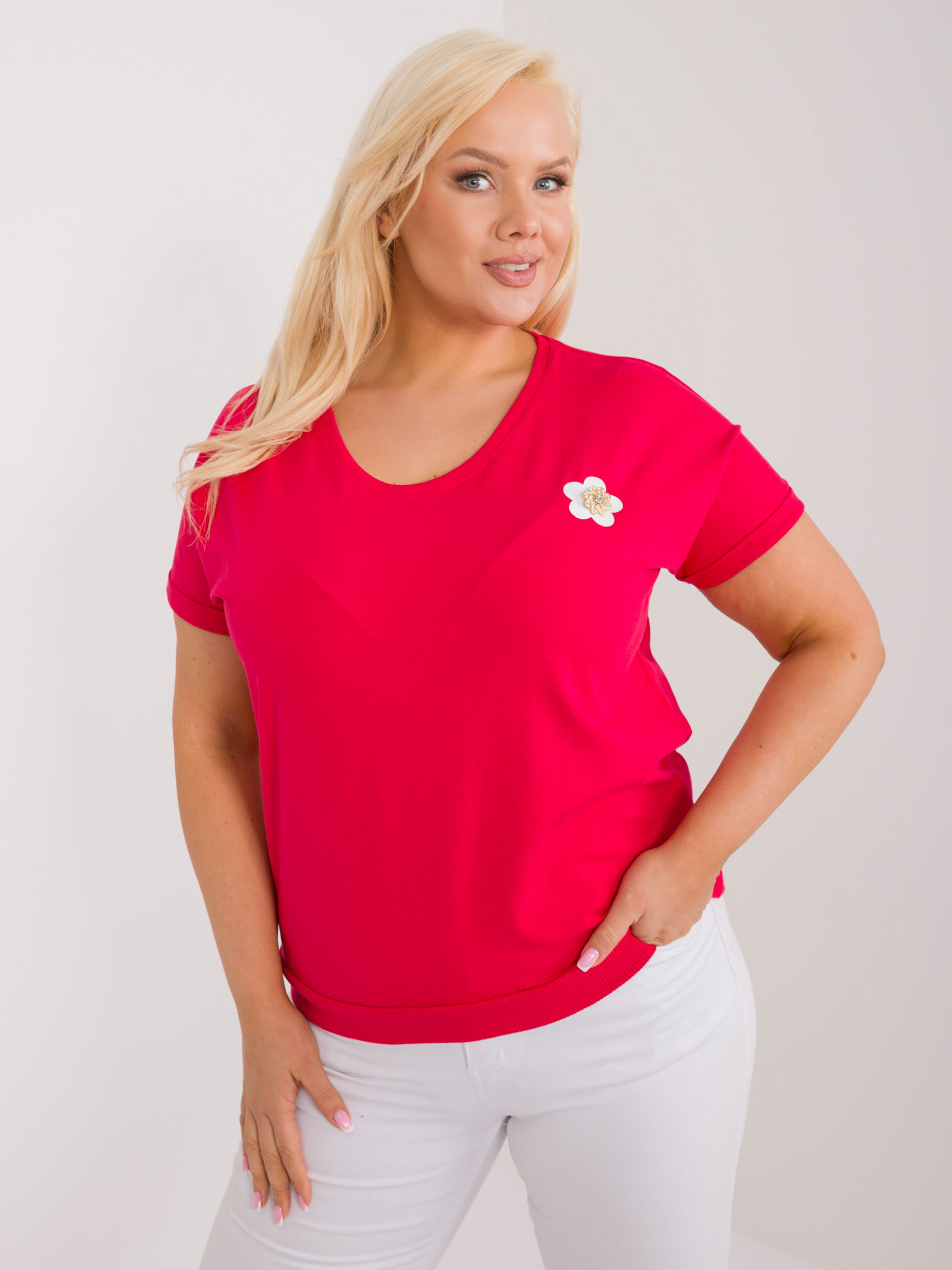 Red plus-size blouse with appliqué