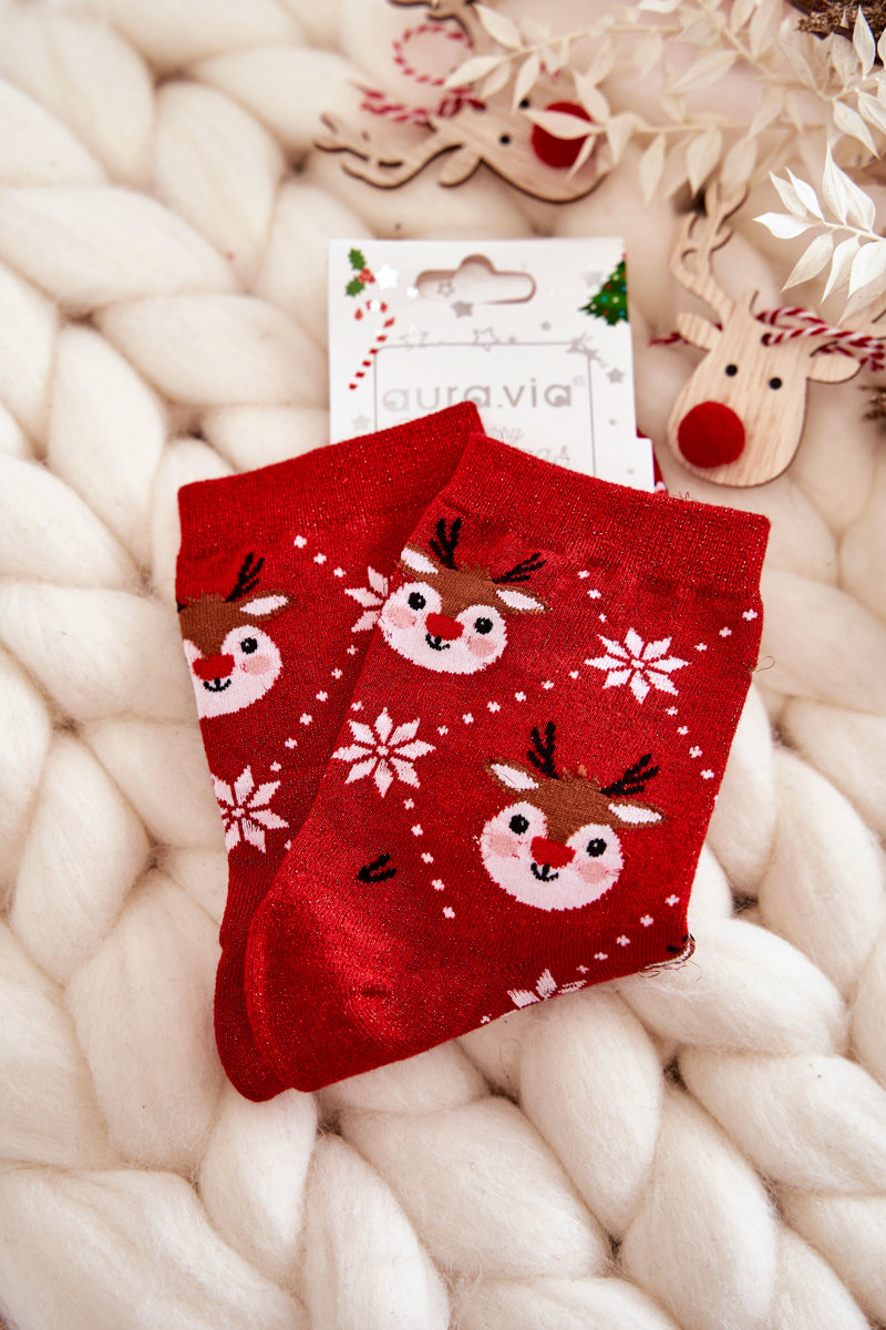 Levně Dámské vánoční ponožky lesklé sobově Červené
