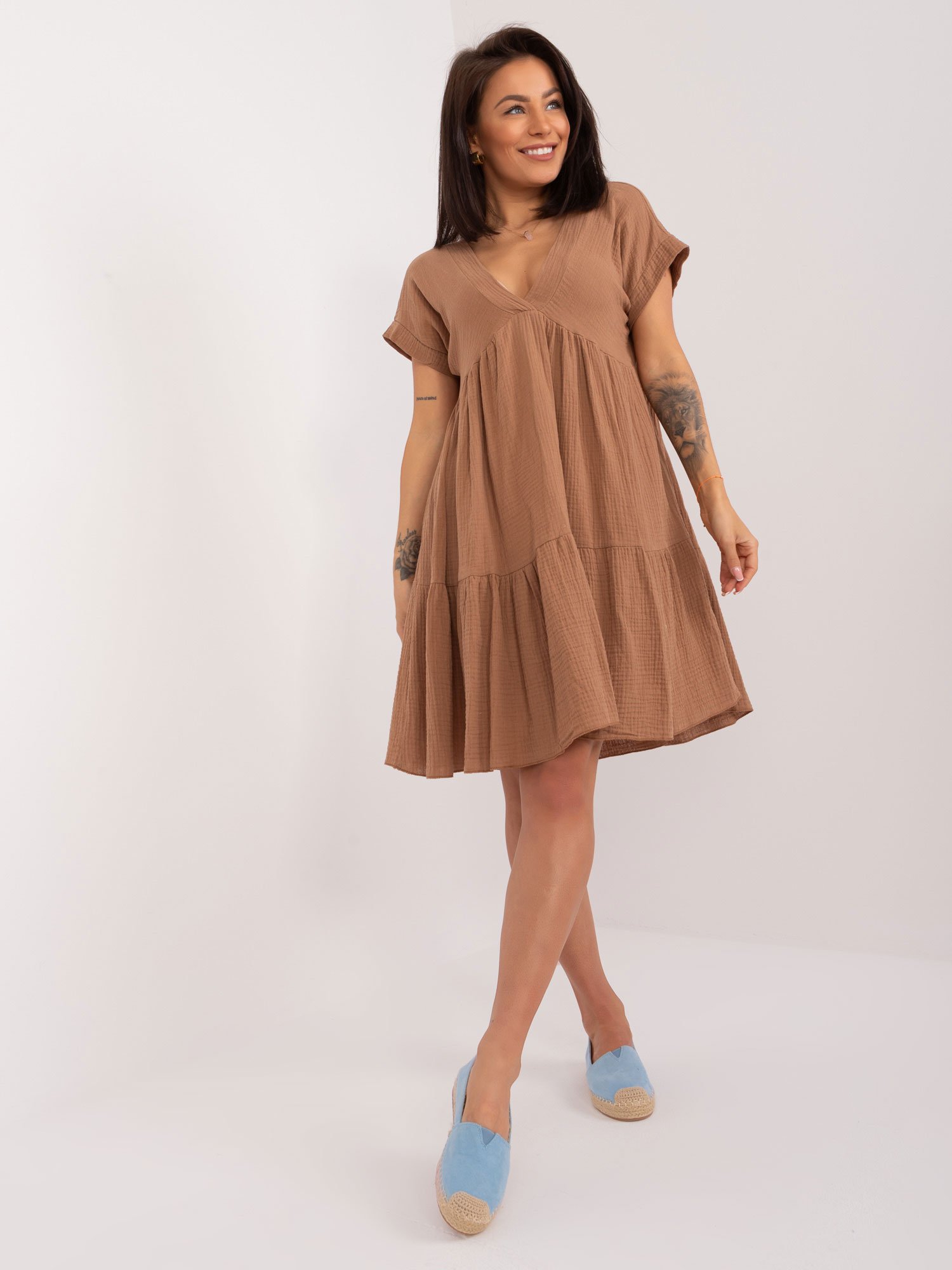 Brown flared dress with a neckline