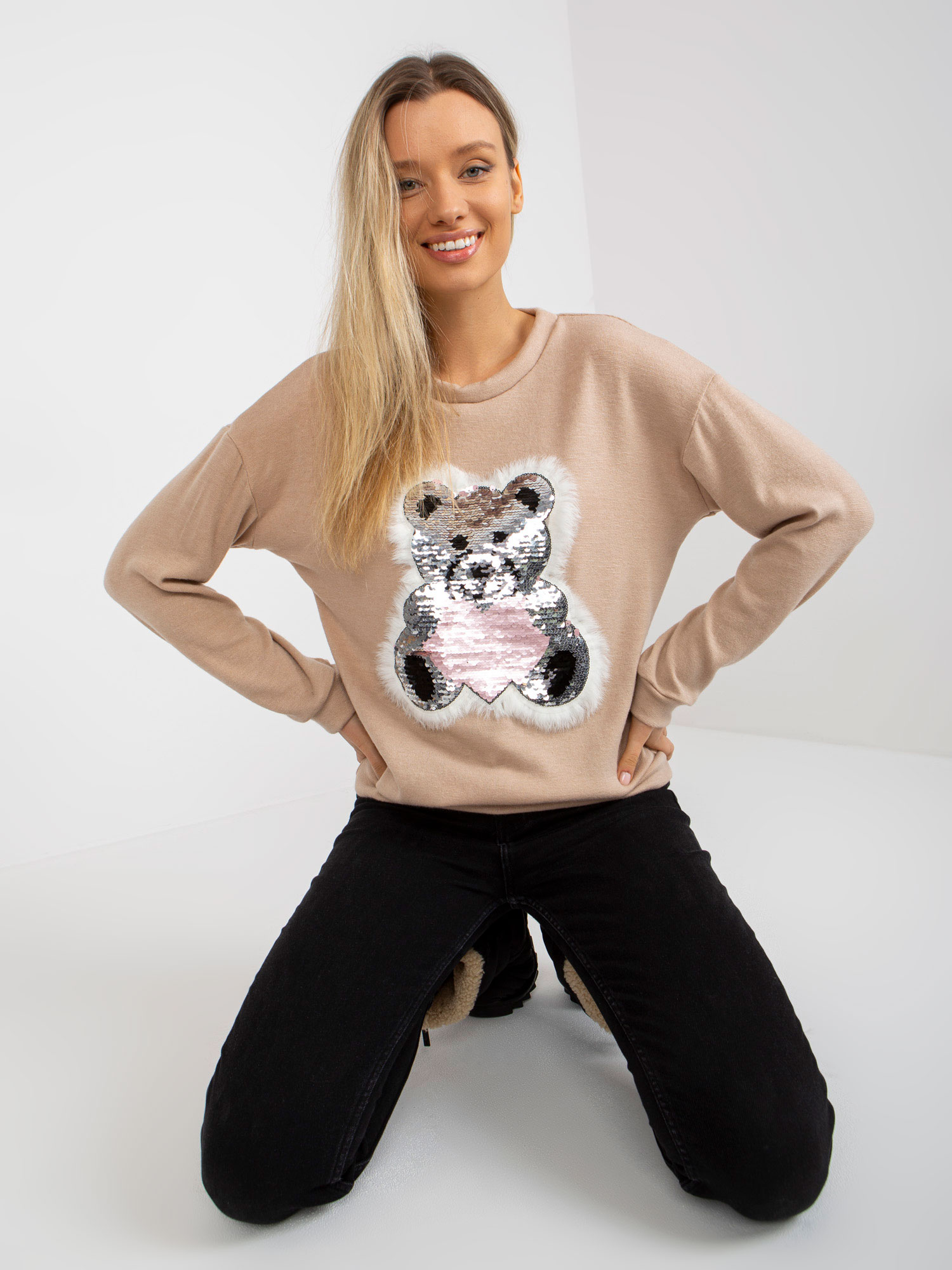Women's beige classic sweater with sequined application