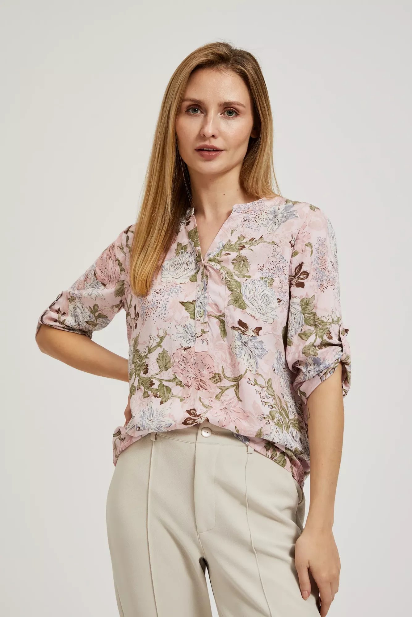 Women's blouse MOODO - light pink, floral pattern