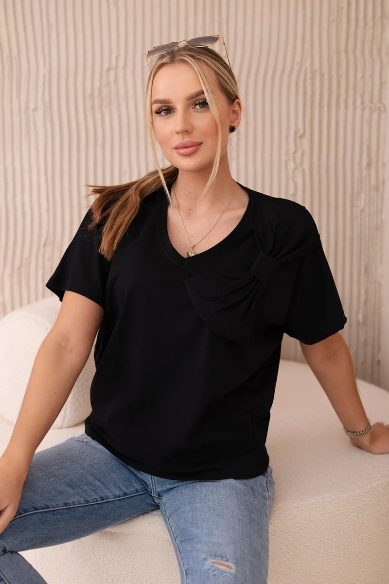 Cotton blouse with decorative bow black