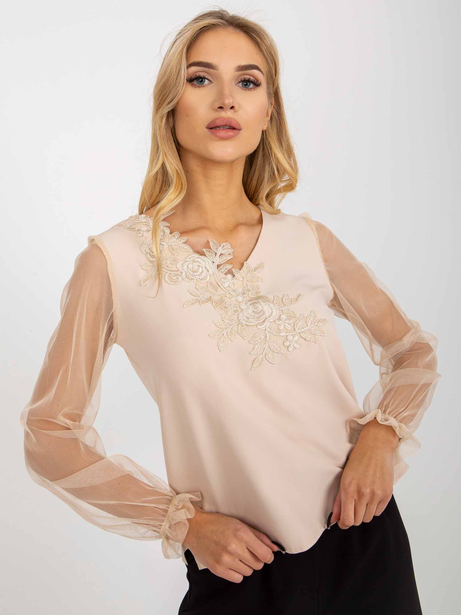 Beige formal blouse with mesh sleeves