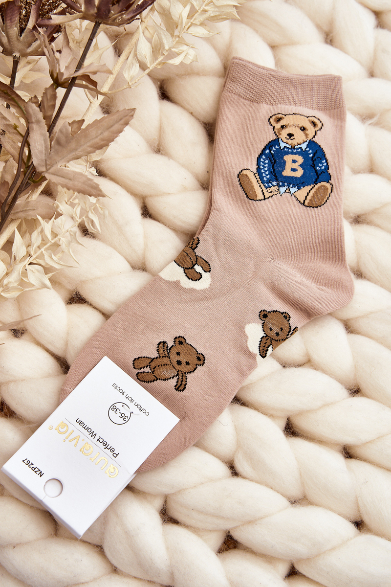 Beige Patterned Women's Socks With Teddy Bears