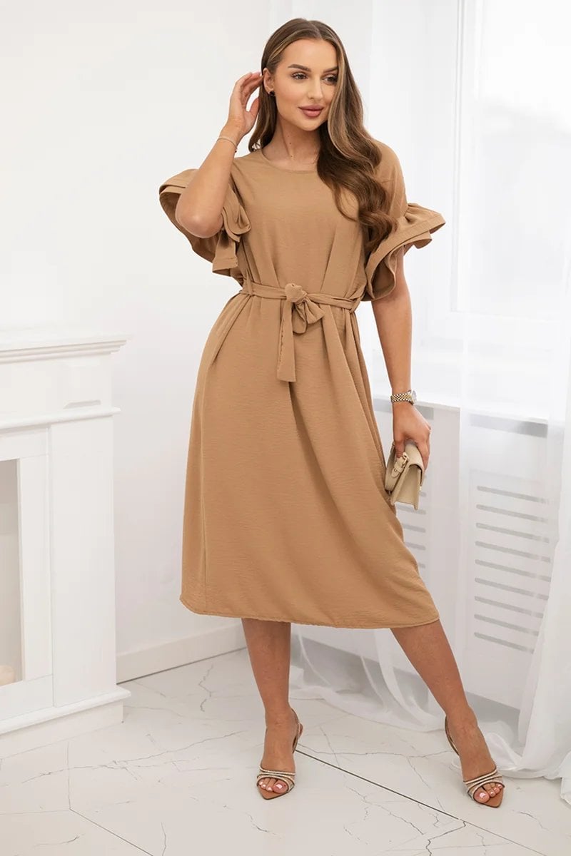 Dress with a tie at the waist with decorative sleeves Camel