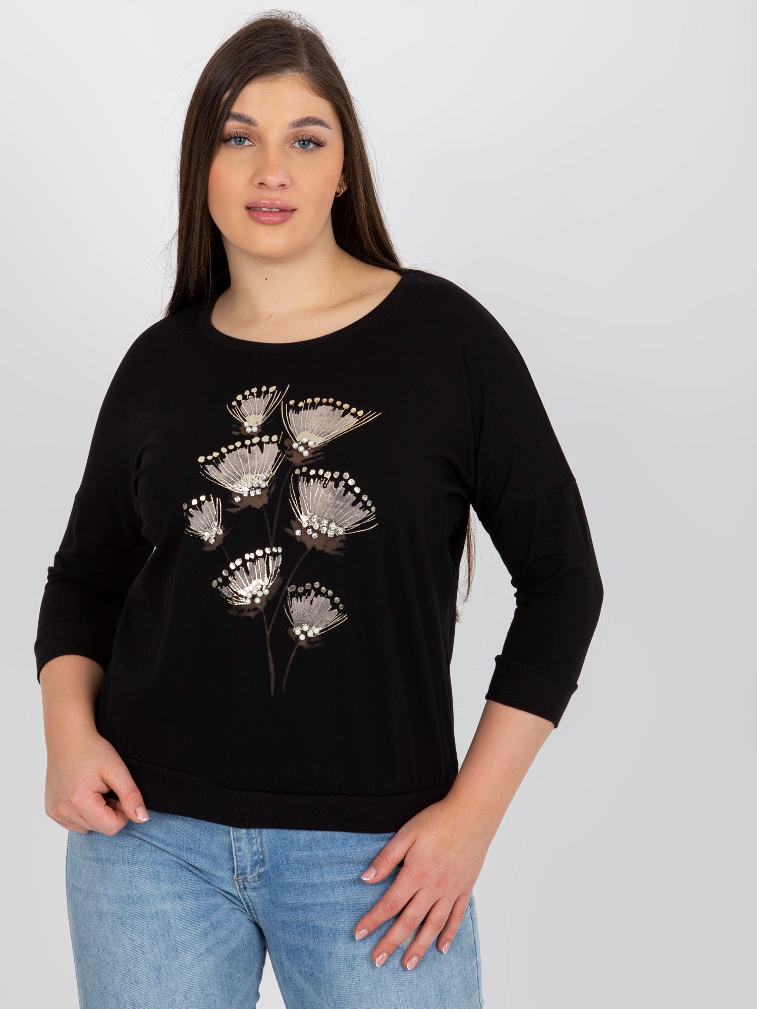 Black Oversized Blouse With Patches And 3/4 Sleeves