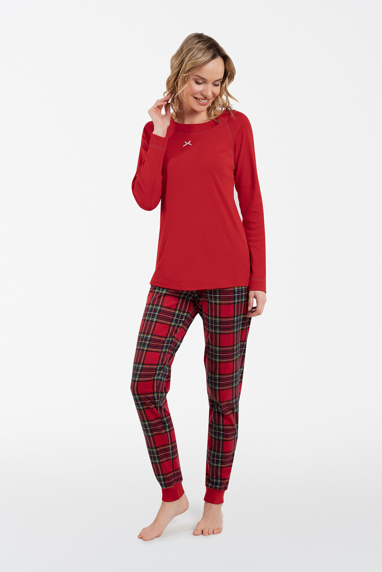 Women's Tess Long Sleeves, Long Leg Pajamas - Red/Print