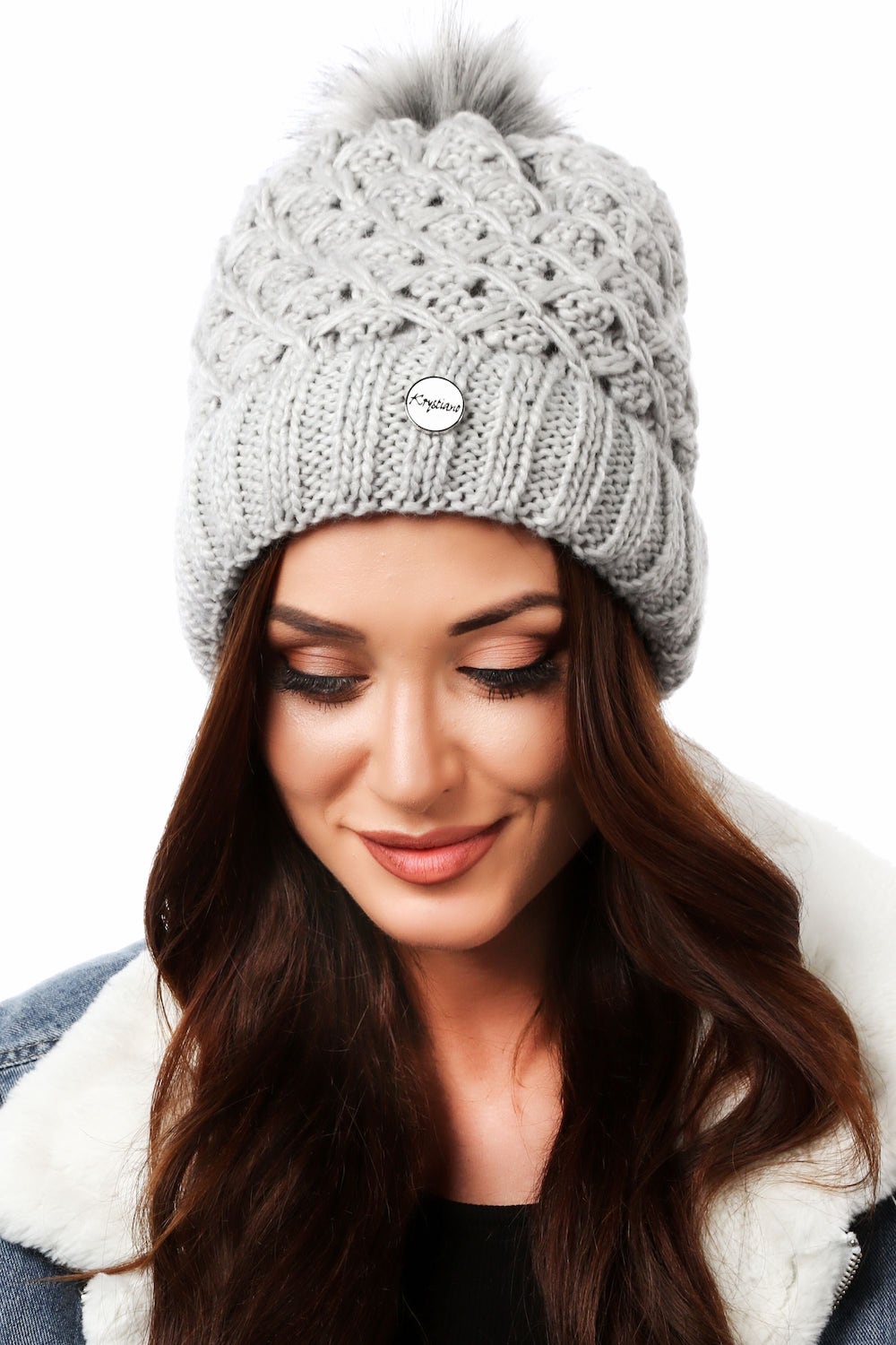 Warm winter beanie with pompom, light gray