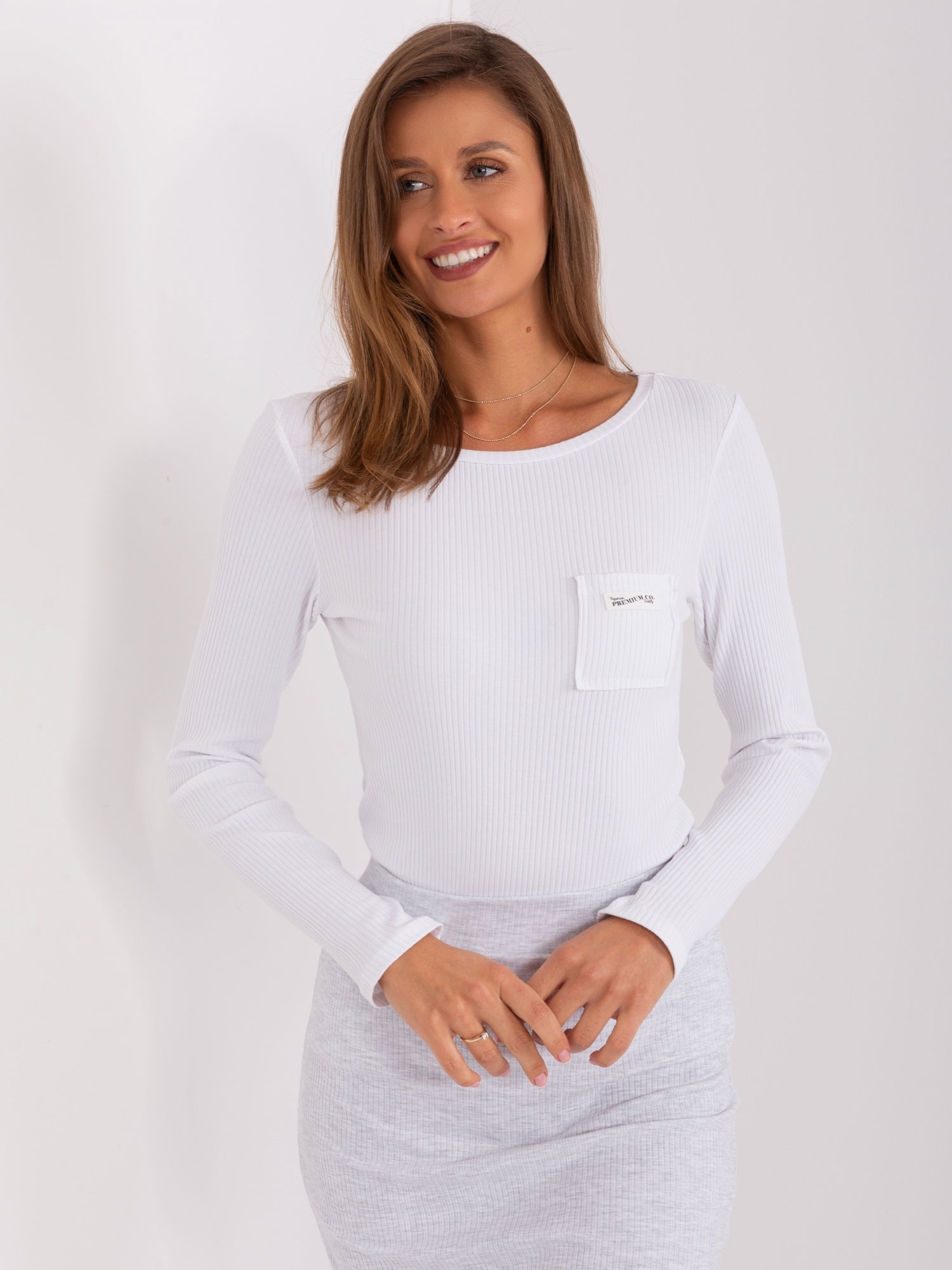 White Fitted Long-sleeved Blouse With A Striped Pattern