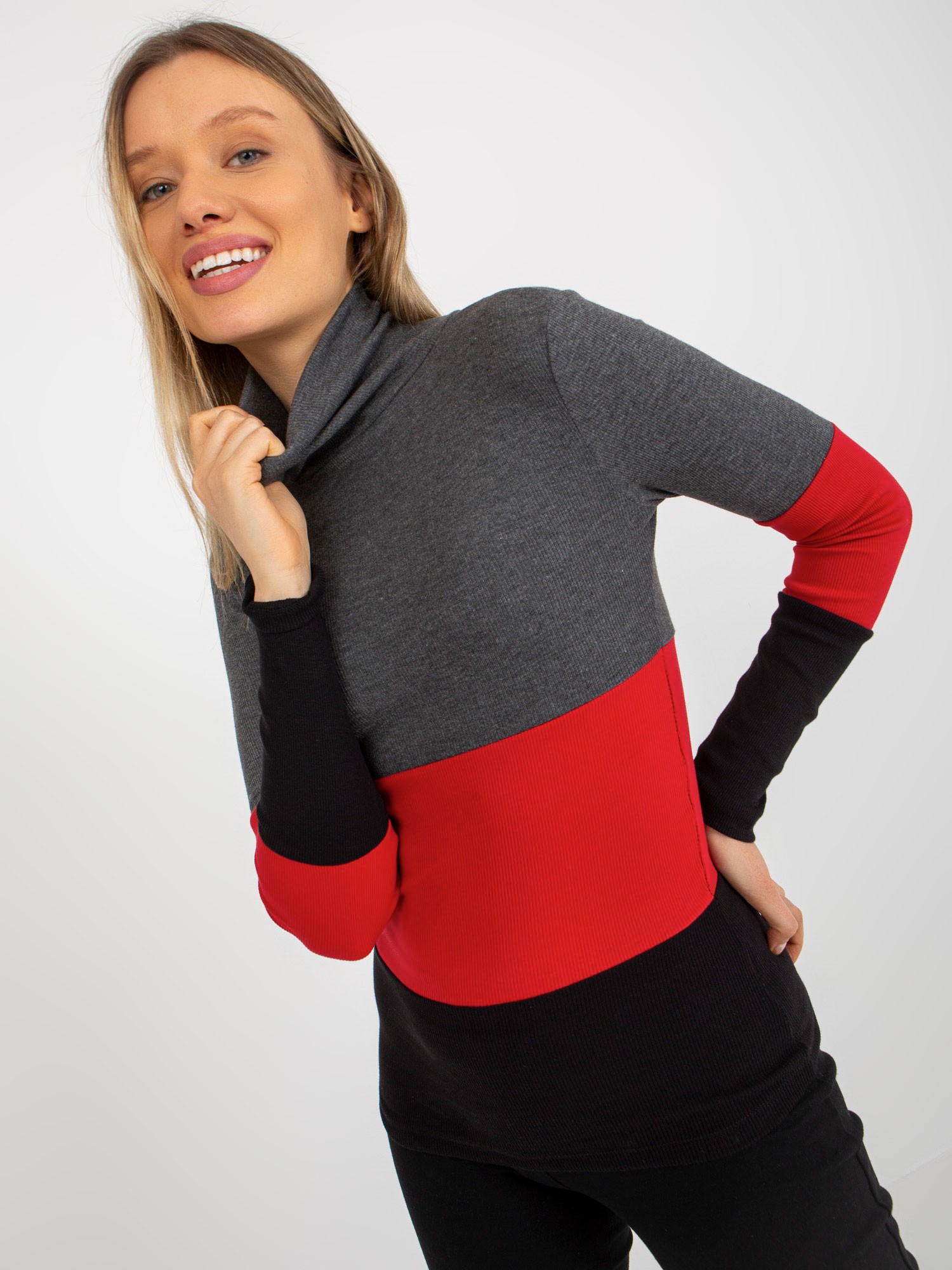 Dark Grey And Black Basic Ribbed Turtleneck Blouse