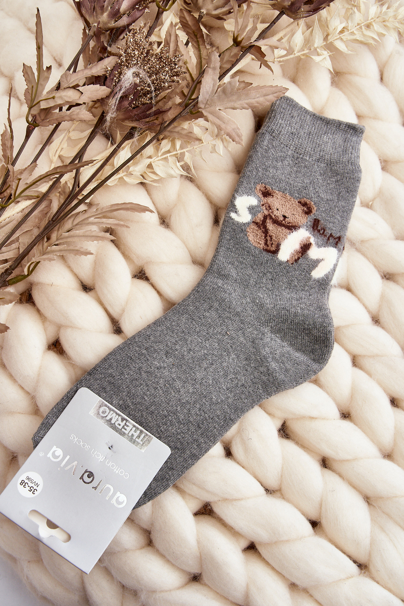Levně Teplé bavlněné ponožky s medvídkem, tmavě šedé