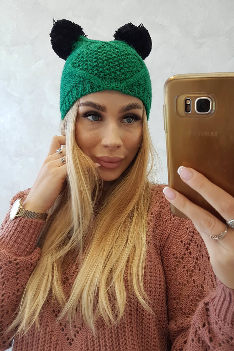 Cap with fleece 2 pom-poms K291 green