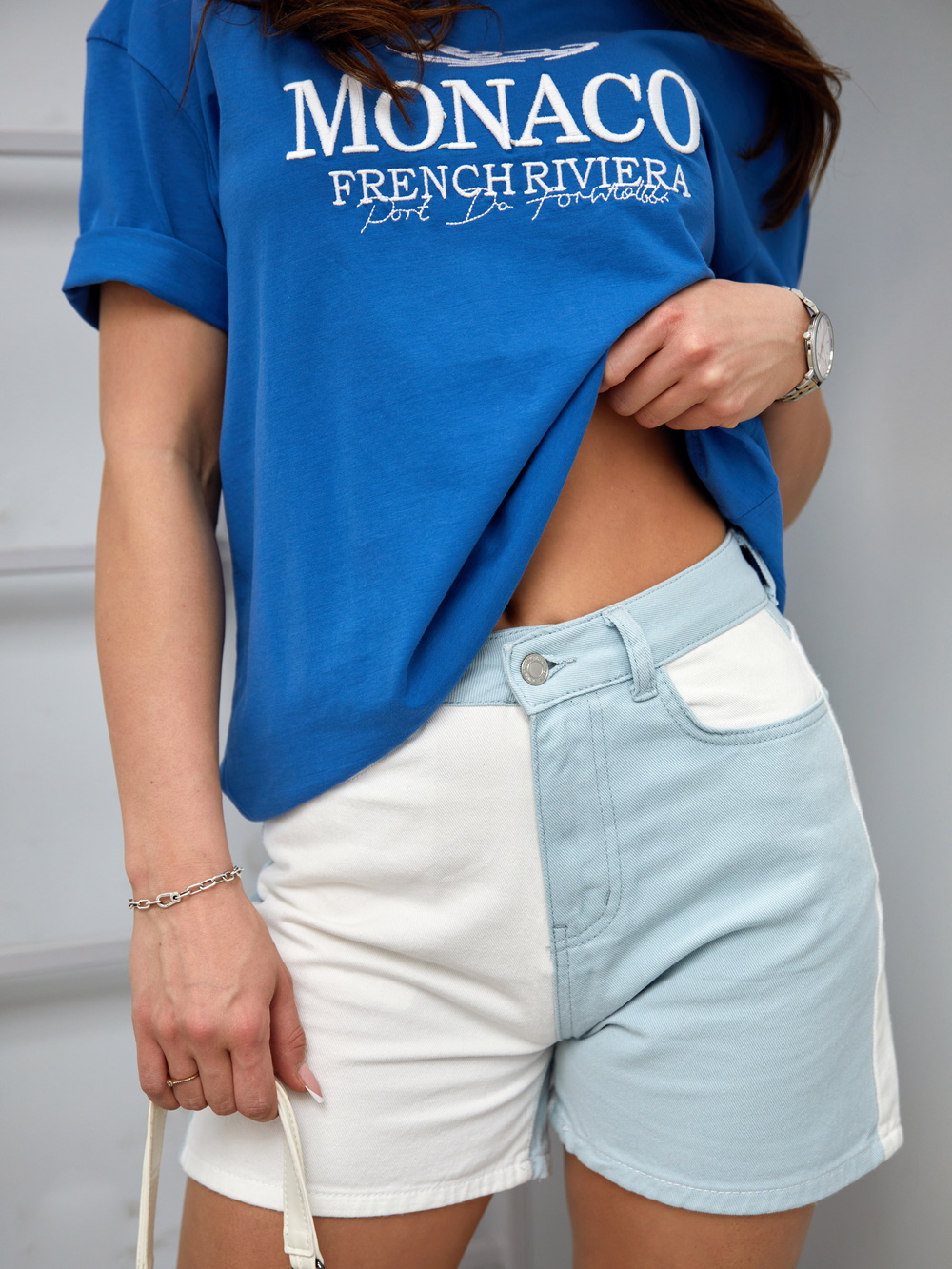Light blue two-tone denim shorts with high waist