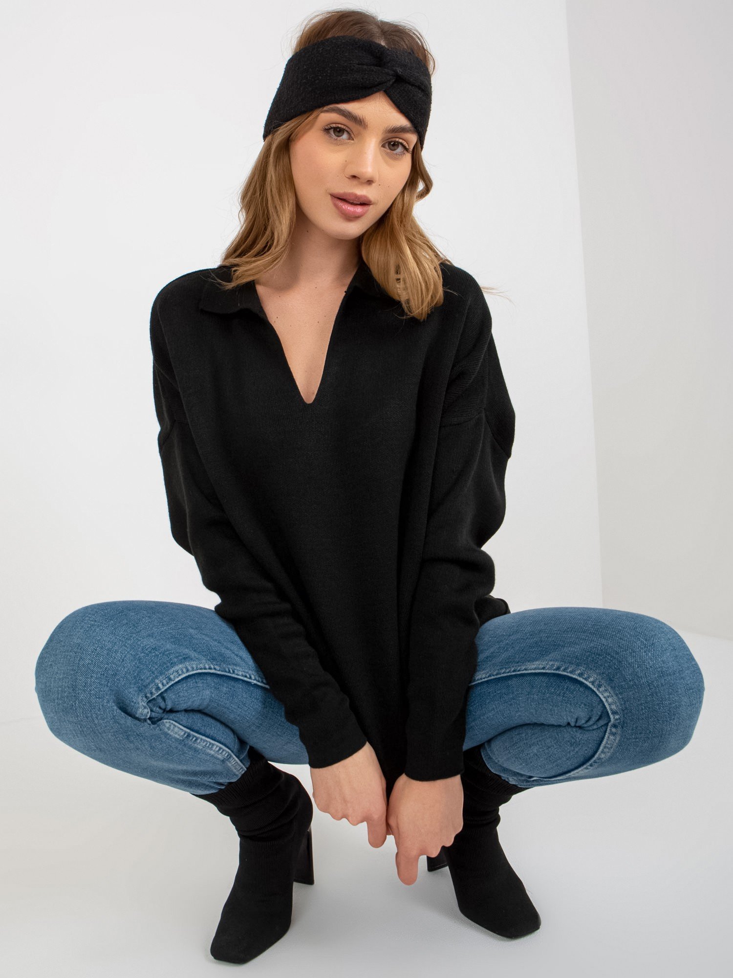 Black smooth oversize sweater with collar