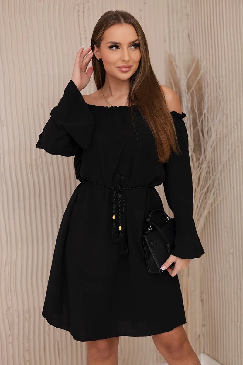 Black Dress With A Drawstring At The Waist