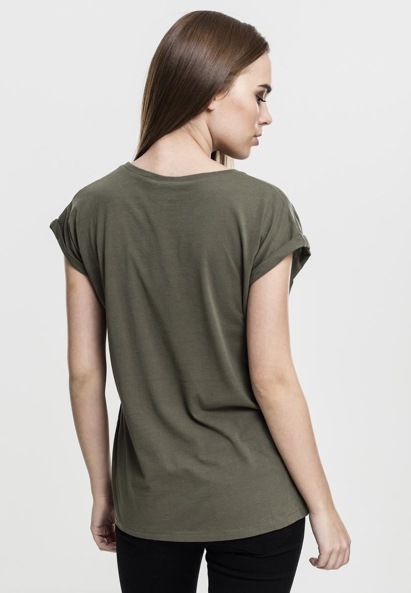 Levně Dámské olivové tričko s prodlouženým ramenem