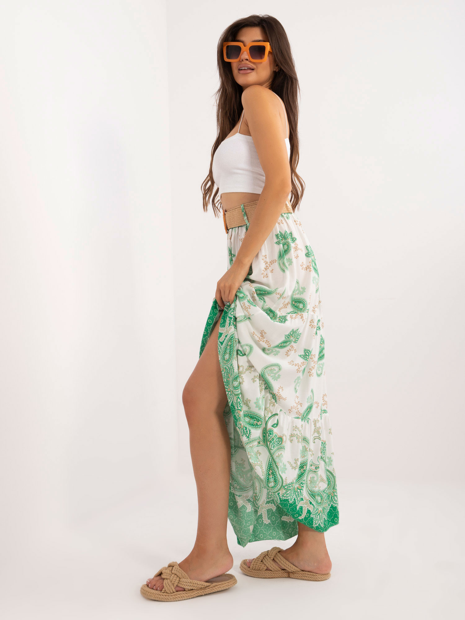 White and green boho patterned skirt