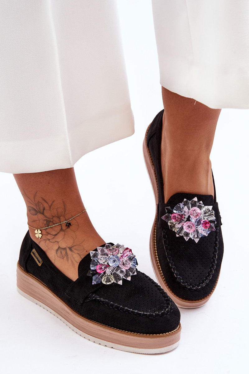 PM1 Women's Platform Moccasins With Stones Black Elonore