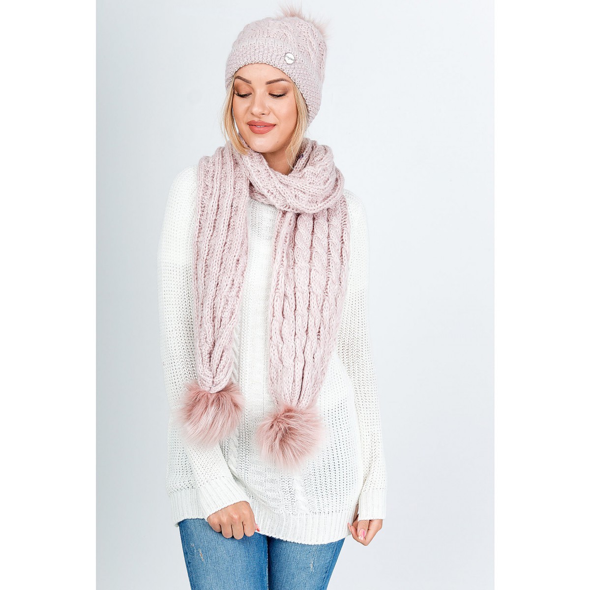 Women's winter set cap + scarf with pompoms - pink,