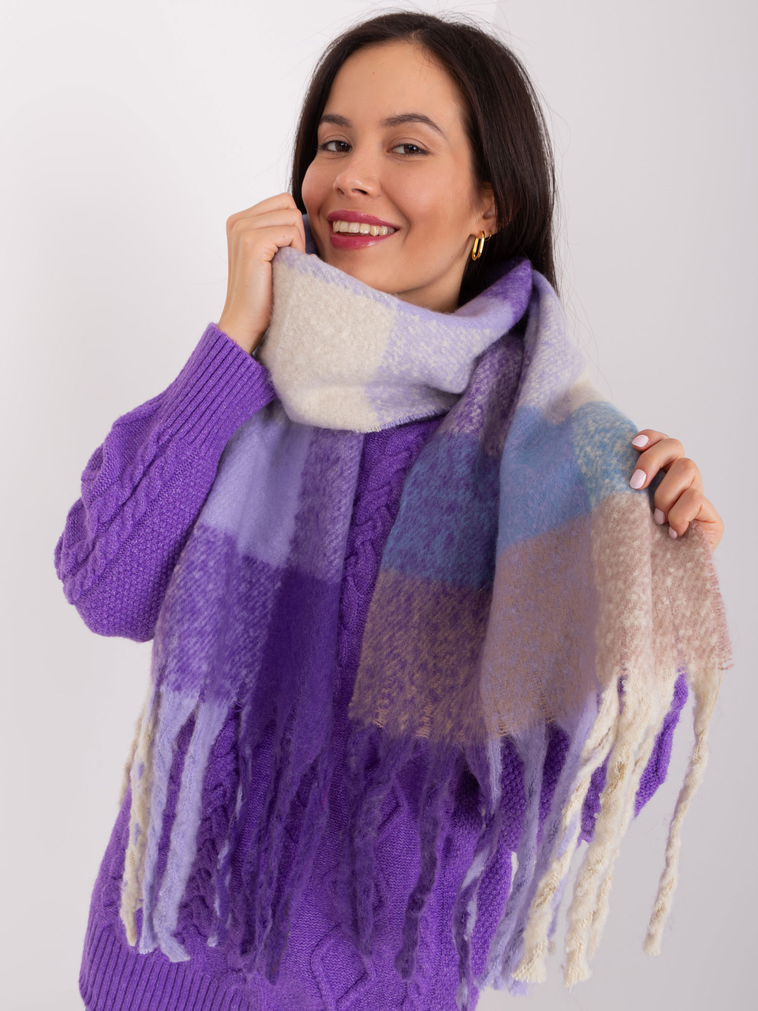 Purple And Beige Long Plaid Winter Scarf