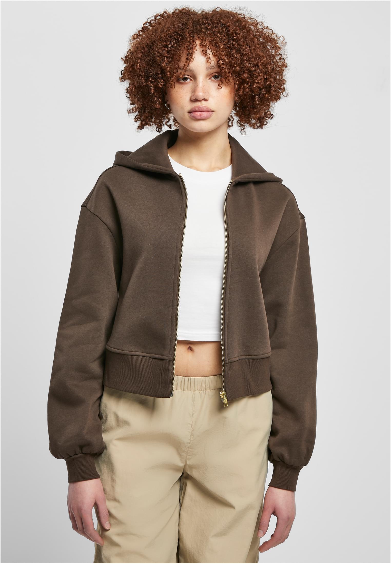 Women's Short Oversized Jacket With Zipper Brown Color