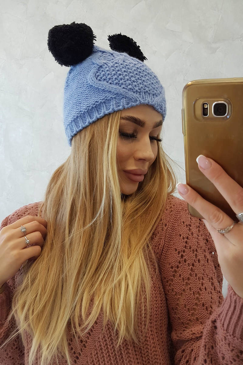Cap with fleece 2 pom-poms K291 blue