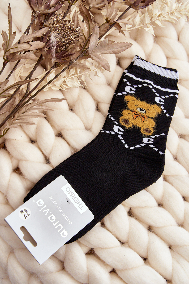 Warm cotton socks with teddy bear, black