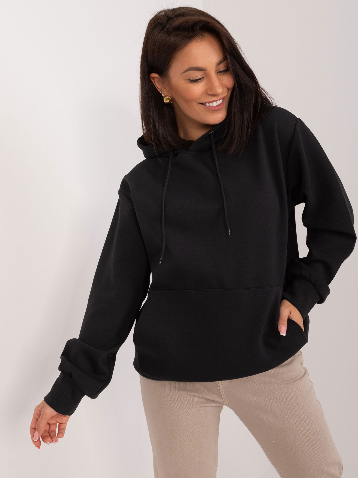 Black women's kangaroo sweatshirt with drawstrings