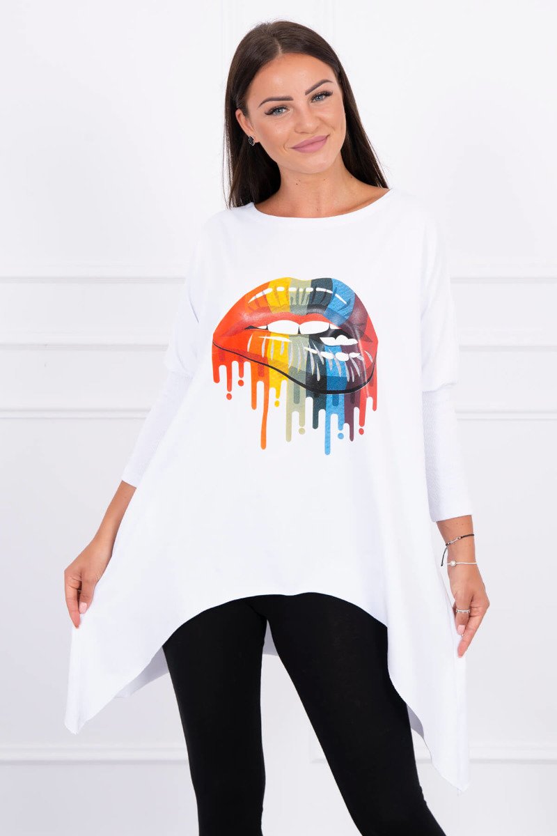 Oversize blouse with rainbow print on lips in white