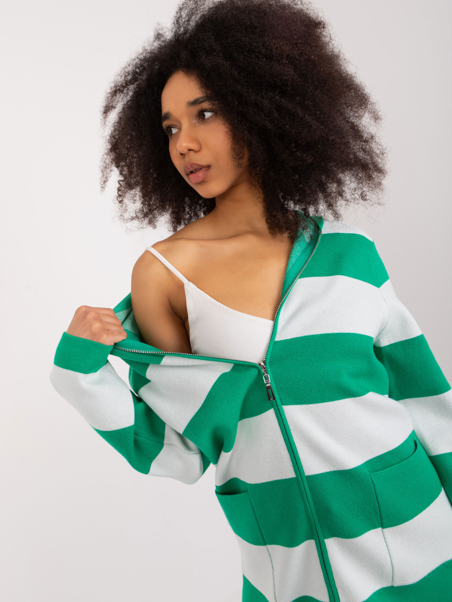 Green and white cardigan with pockets