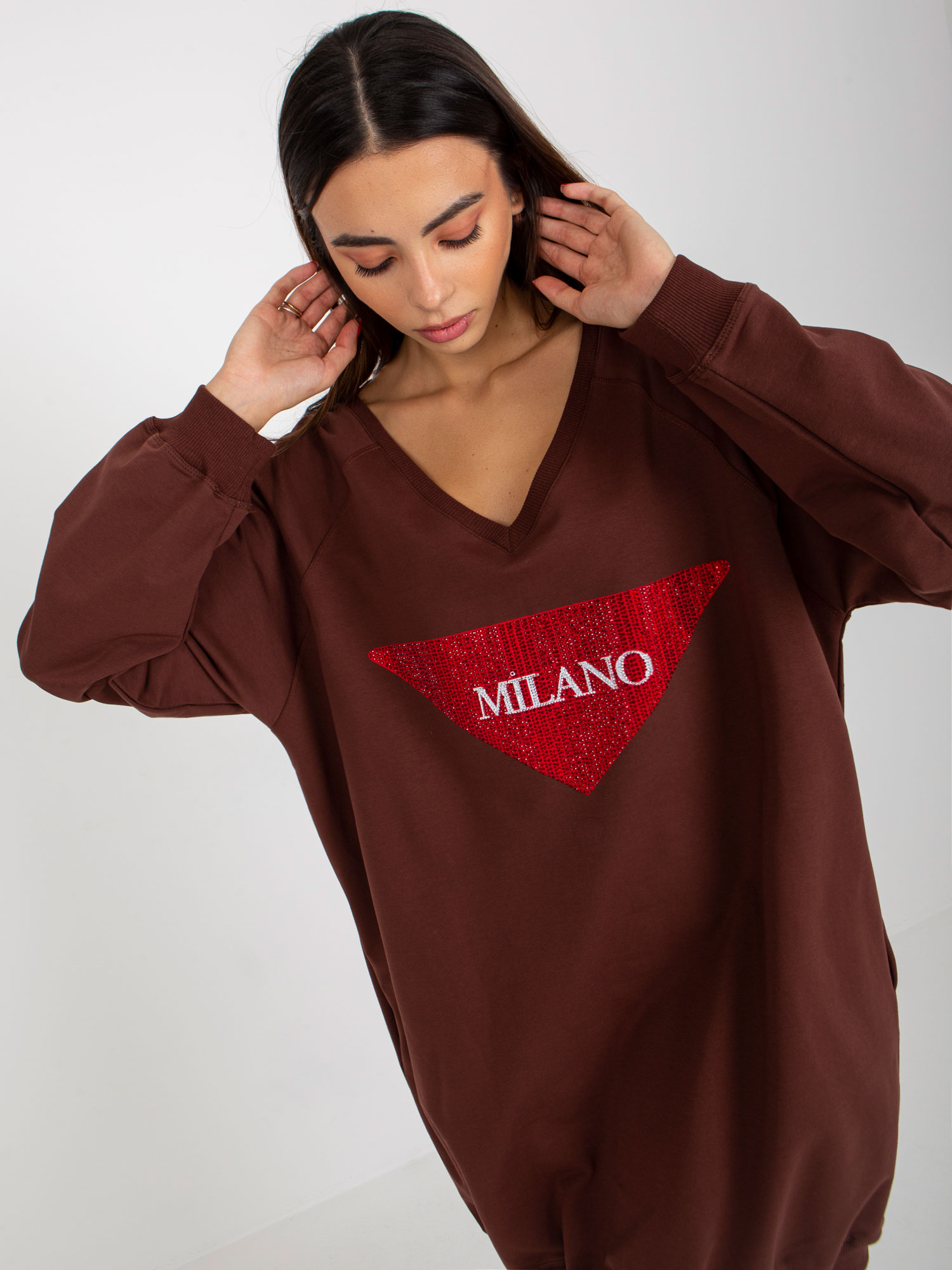 Dark Brown Oversize Long Sweatshirt With App And Inscription