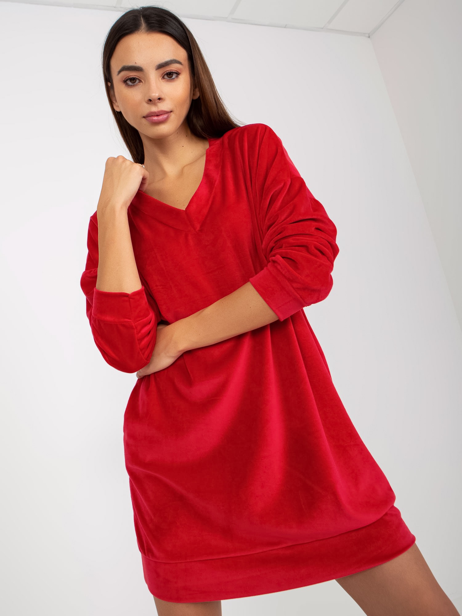 Red velor dress with long sleeves