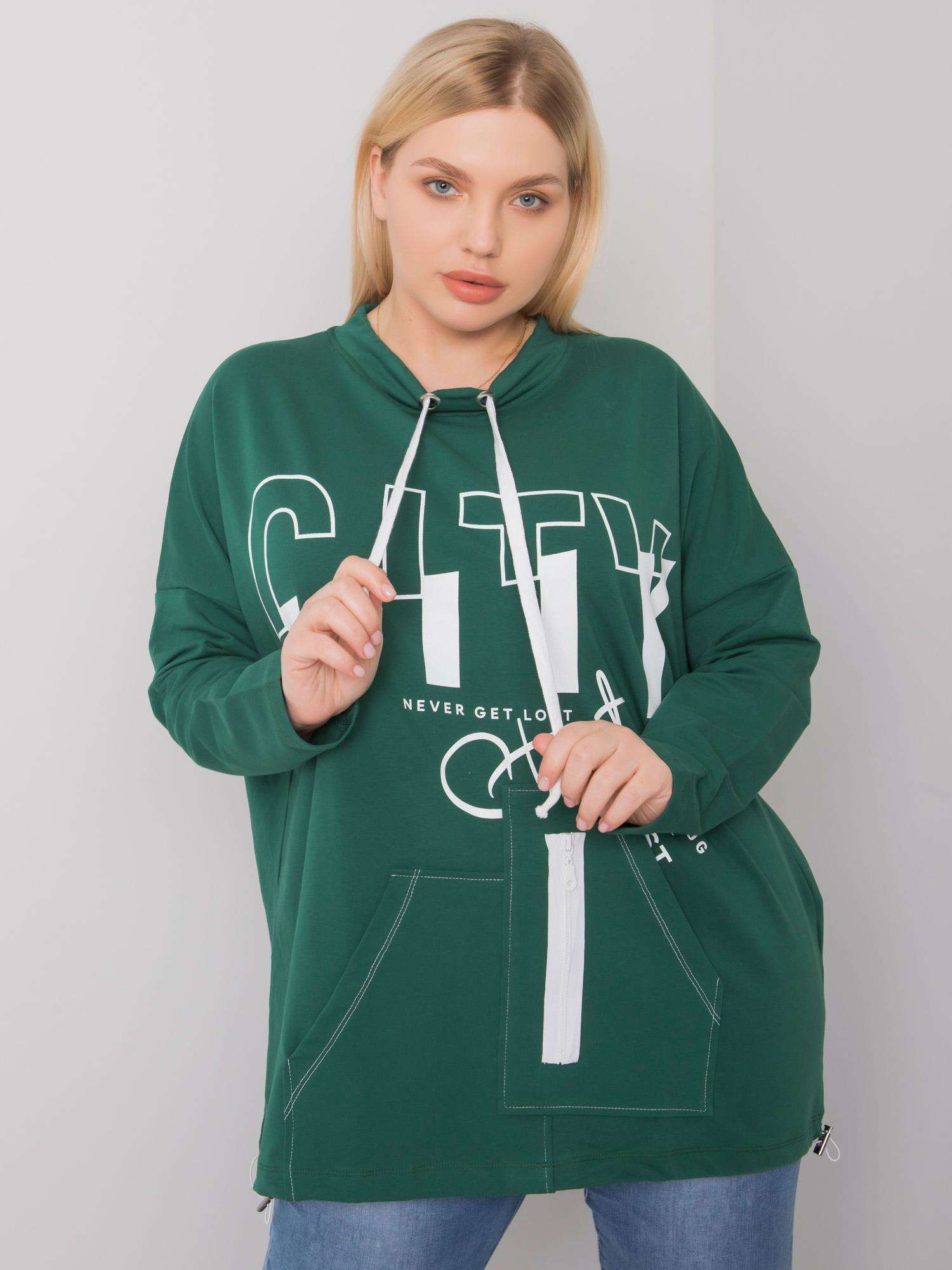 Dark Green Larger Sweatshirt With Printed Design And Pockets