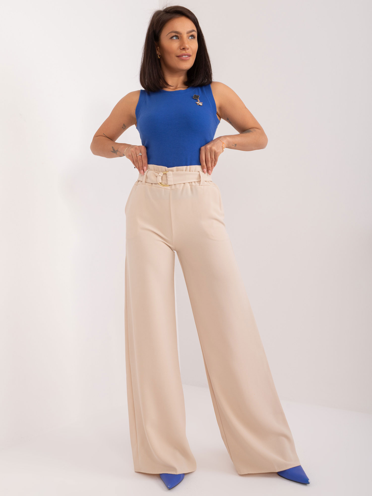 Light beige fabric Swedish trousers with belt from RUE PARIS