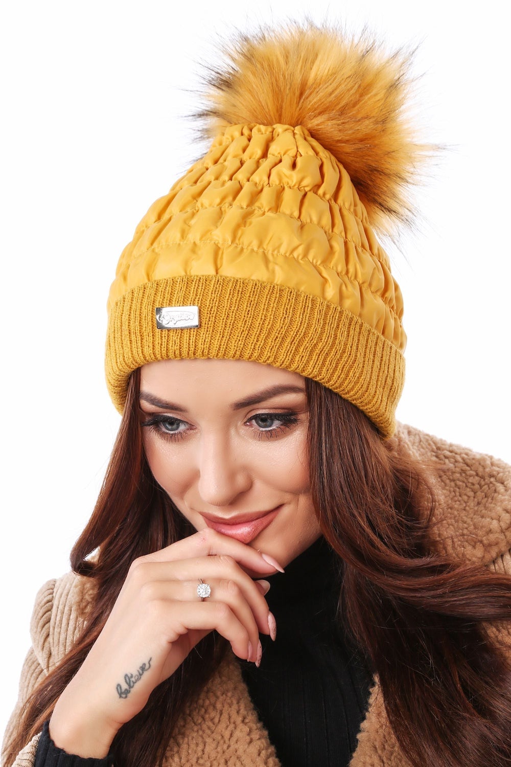 Winter nylon beanie with honey pompom