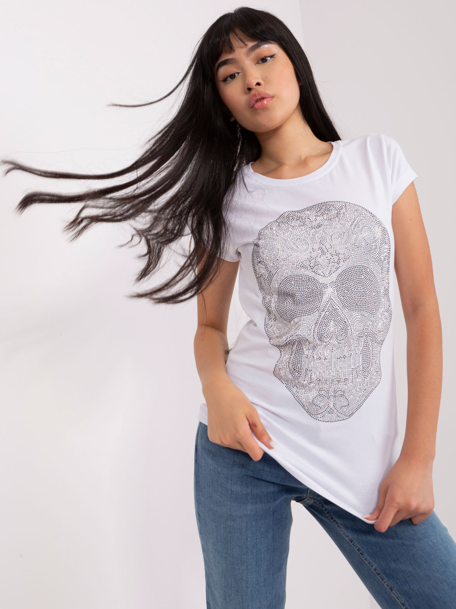White women's T-shirt with application of rhinestones