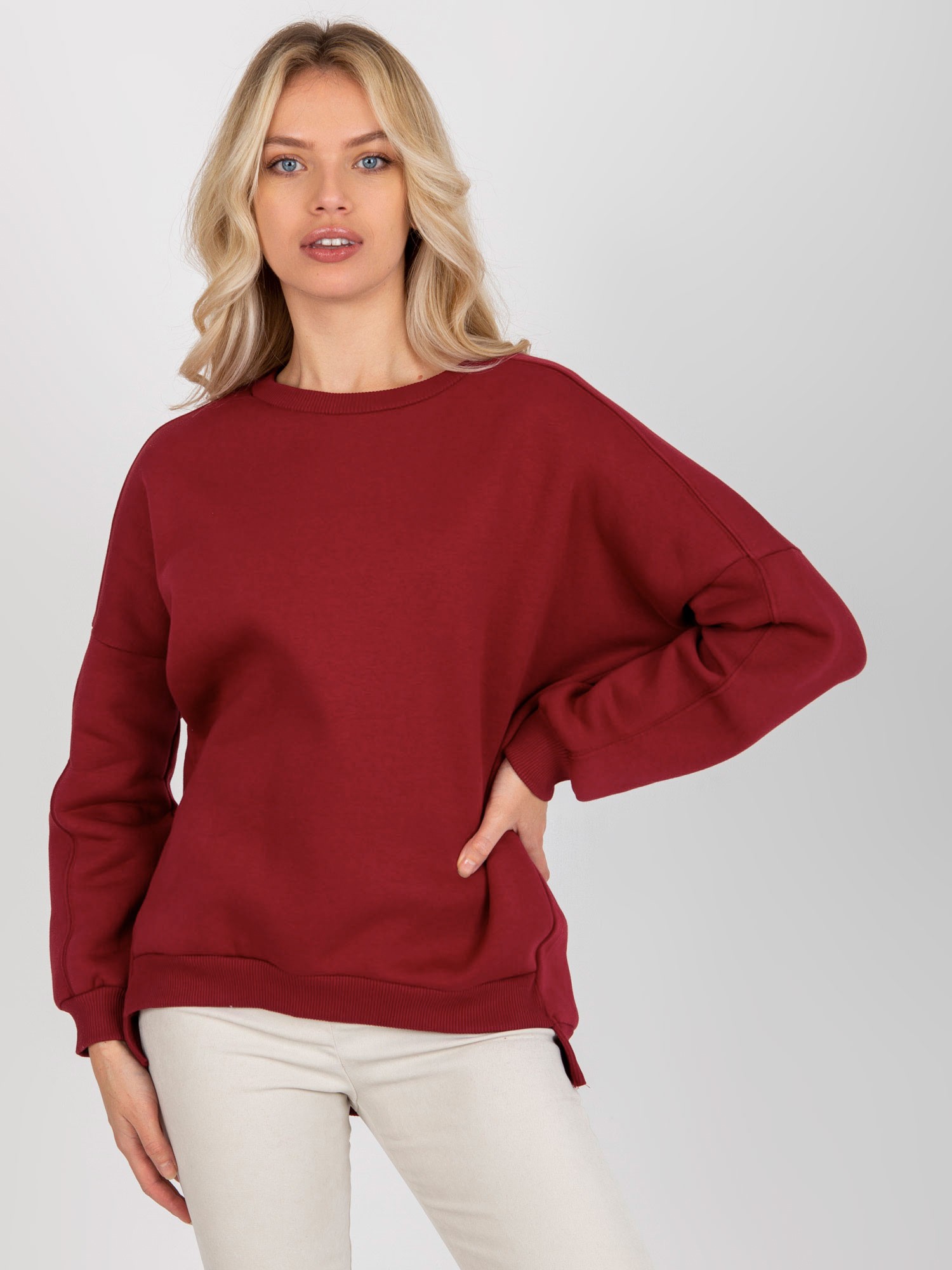 Basic Loose Sweatshirt Burgundy Color With Round Neckline