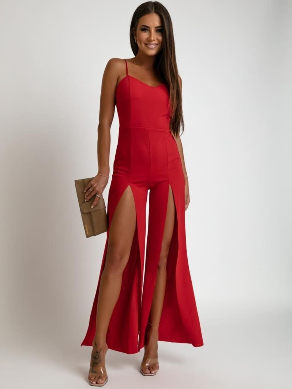 Red summer jumpsuit with slits