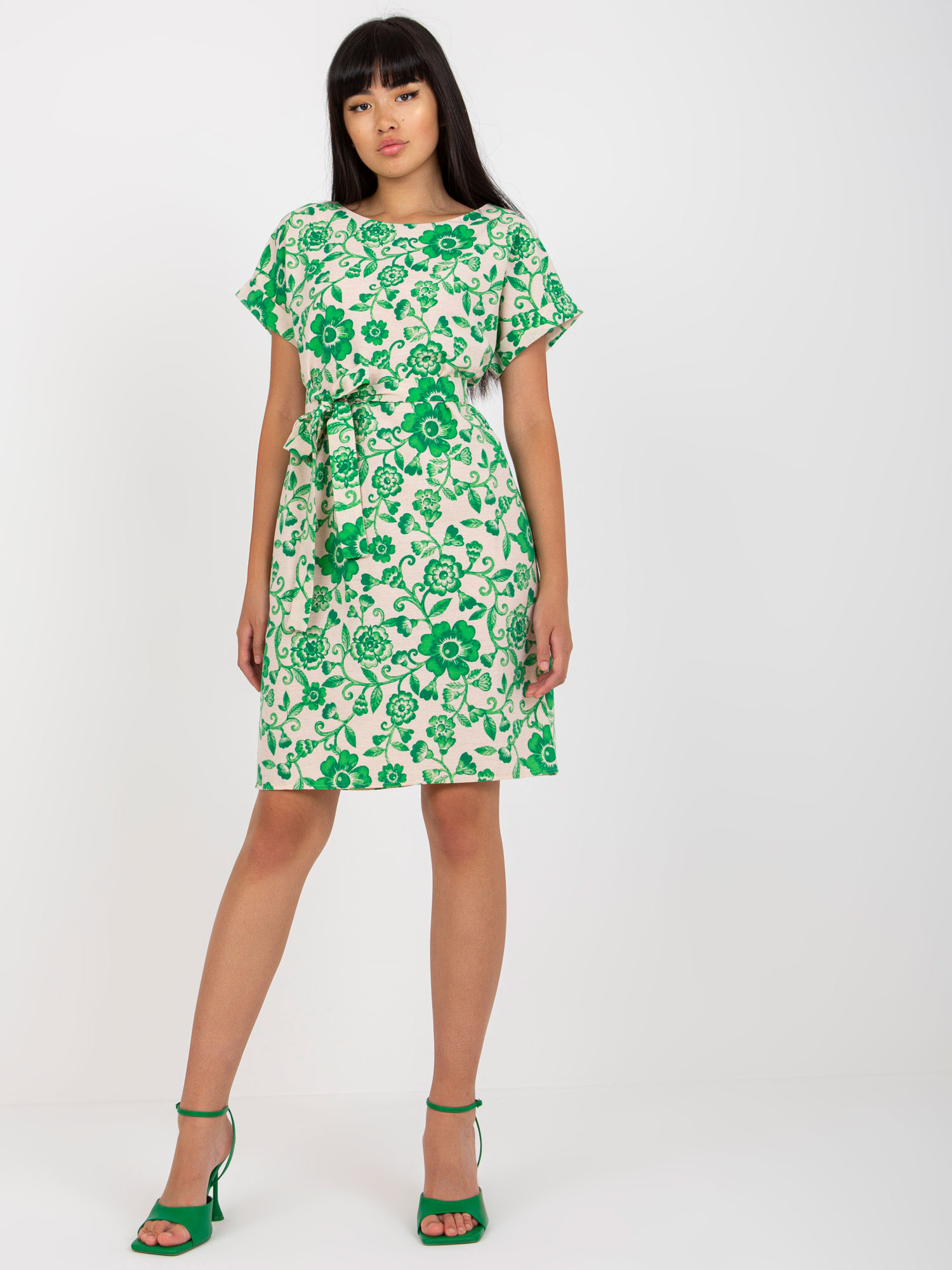 Beige And Green Linen Floral Dress With Tie