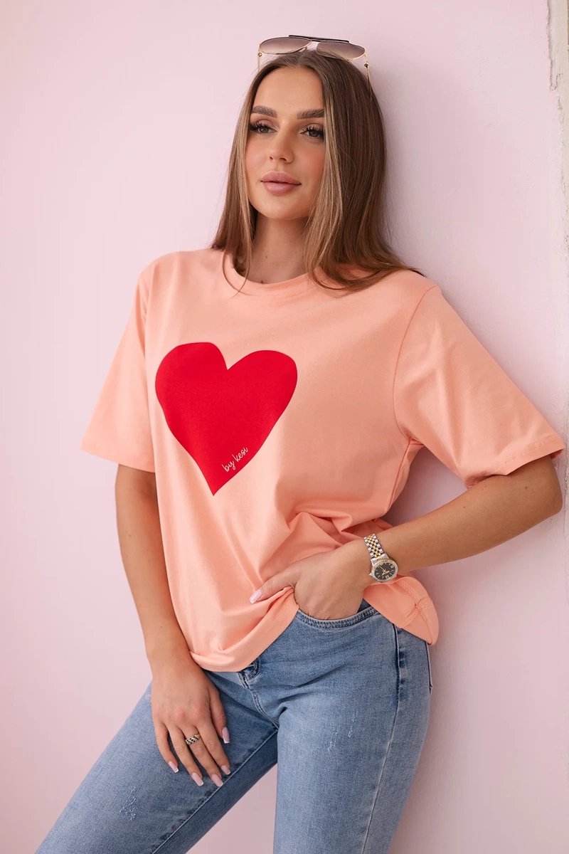 Cotton blouse with salmon heart print